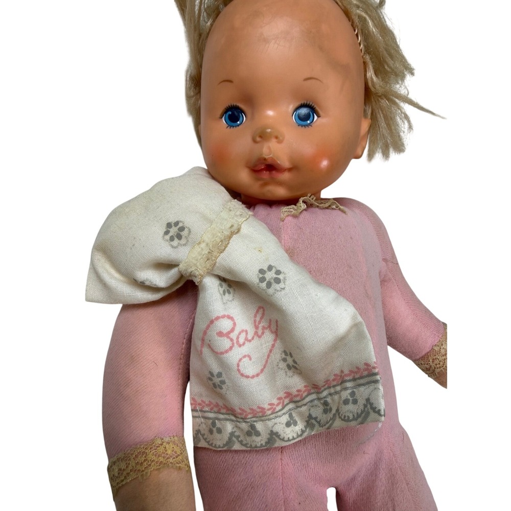 Vintage Ideal Toy Corp 1977 Baby Doll Pink Plush Pull String 14 Inch Blonde Blue